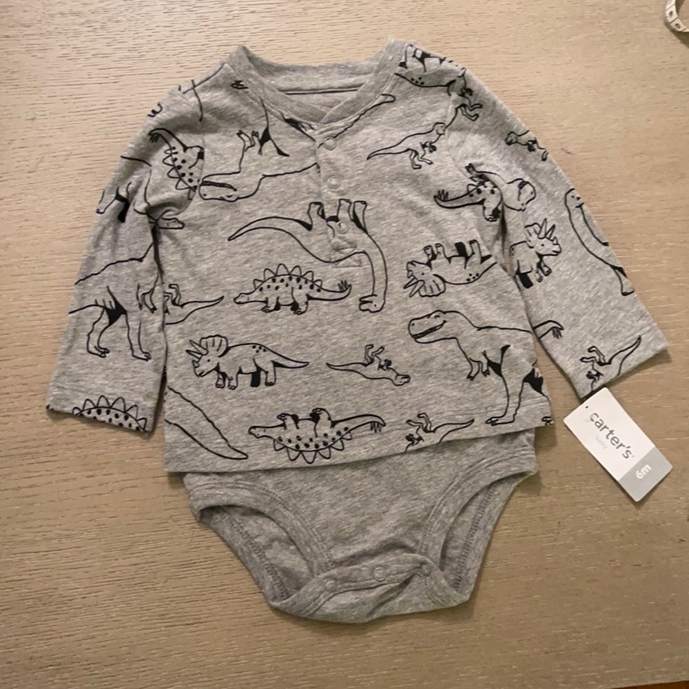 Carter’s long sleeve gray Dino faux t-shirt onsie size 6m NWT